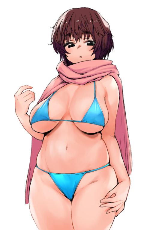 1girl, :o, arm_at_side, bangs, bikini, black_eyes, blue_bikini, blush, breasts, breasts_apart, brown_hair, cowboy_shot, eyebrows_visible_through_hair, large_breasts, looking_down, moru_(monaka), navel, original, plump, scarf, short_hair, simple_background, skindentation, solo, stomach, swimsuit, thick_eyebrows, white_background