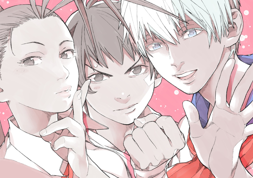3girls, absurdres, alternate_costume, antenna_hair, bandaid, bandaid_on_face, black_hair, blue_eyes
