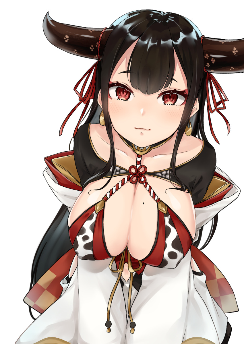 1girl, :3, animal_print, bangs, black_hair, blush, bra, breasts
