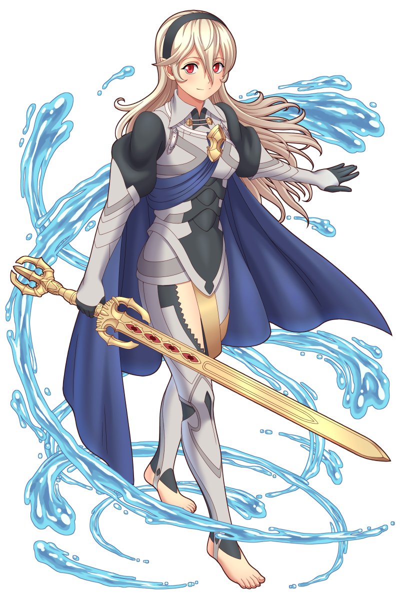 1girl, barefoot, black_hairband, blue_cape, cape, closed_mouth, feet, female_my_unit_(fire_emblem_if), fire_emblem, fire_emblem_if, full_body, hair_between_eyes, hairband, highres, holding, holding_sword, holding_weapon, long_hair, my_unit_(fire_emblem_if), nintendo, pointy_ears, red_eyes, rere_(yusuke), simple_background, smile, sword, toes, water, weapon, white_background, white_hair