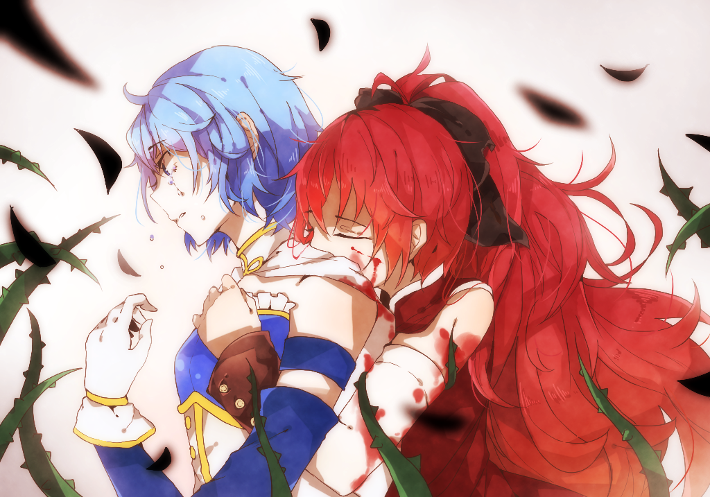 2girls, black_ribbon, blood, blue_hair, blurry, cape, closed_eyes, couple, depth_of_field, detached_sleeves, female, gloves, highres, hii_(aisiteru6918moon), hug, hug_from_behind, long_hair, magical_girl, mahou_shoujo_madoka_magica, miki_sayaka, multiple_girls, plant, ponytail, redhead, ribbon, sakura_kyouko, short_hair, sleeveless, strapless, tears, upper_body, vines, white_background, yuri