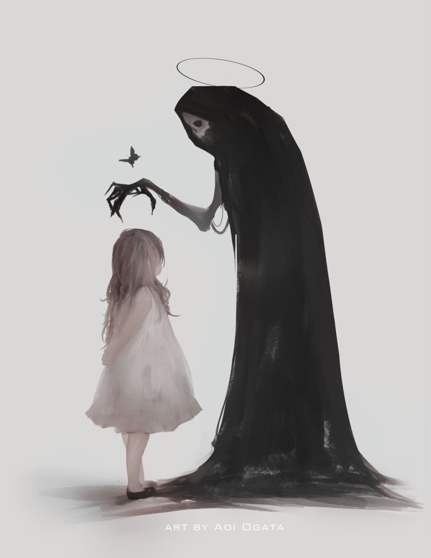 1girl, 1other, aoi_ogata, arms_behind_back, black_butterfly, brown_hair, bug, butterfly, dress, fingernails, gradient, gradient_background, halo, highres, insect, long_fingernails, looking_down, medium_hair, monster, original, reaching, shoes, signature, size_difference, skull, standing, white_dress