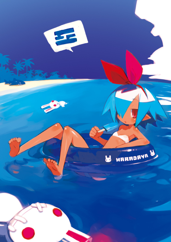 bare_shoulders, barefoot, bikini, blue_hair, bunny, floating, hair_ribbon, hair_ribbons