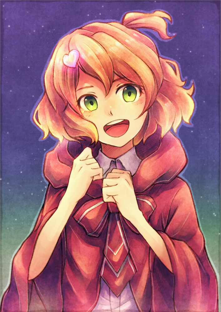 1girl, ;d, aokidoufu, blonde_hair, coat, dress_shirt, freyja_wion, green_eyes