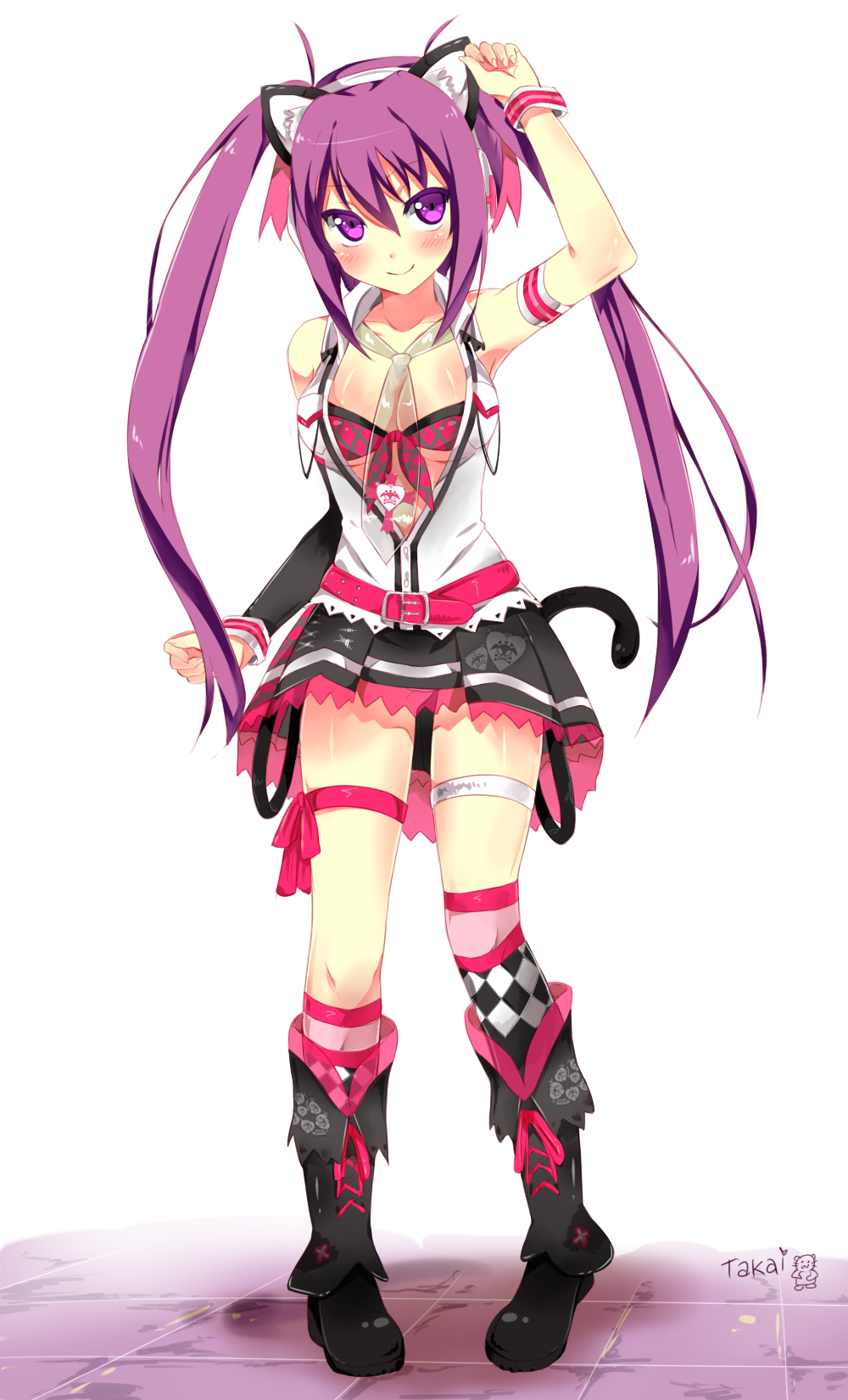 1girl, animal_ears, arm_up, armband, asymmetrical_legwear, asymmetrical_sleeves, beatmania, beatmania_iidx