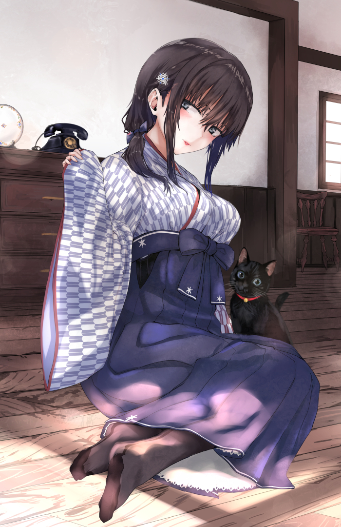 1girl, bangs, black_cat, black_hair, black_legwear, black_ribbon, blue_bow, blue_eyes