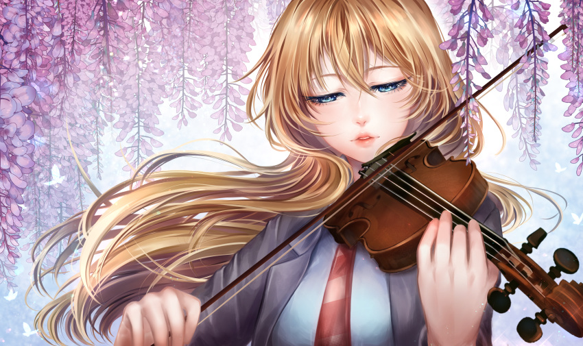 1girl, absurdres, blonde_hair, blue_eyes, bow_(instrument), cherry_blossoms, highres, hinayukisaki