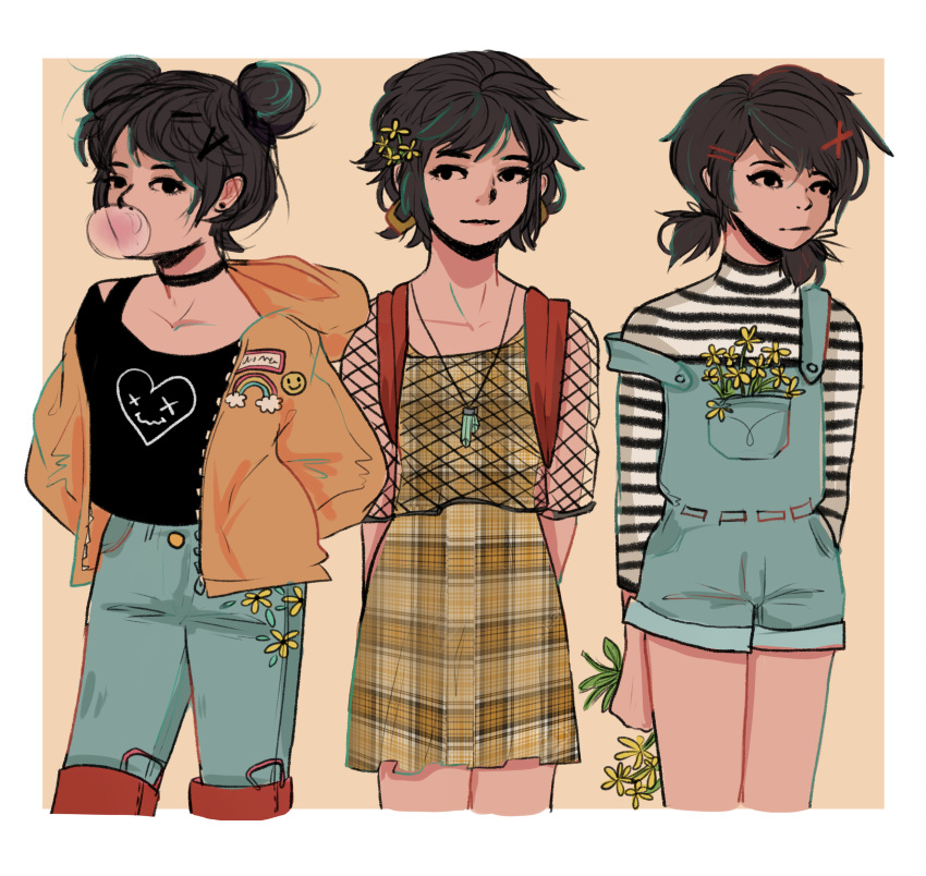 1girl, backpack, bag, bangs, black_choker, black_shirt, black_straps, black_stripes