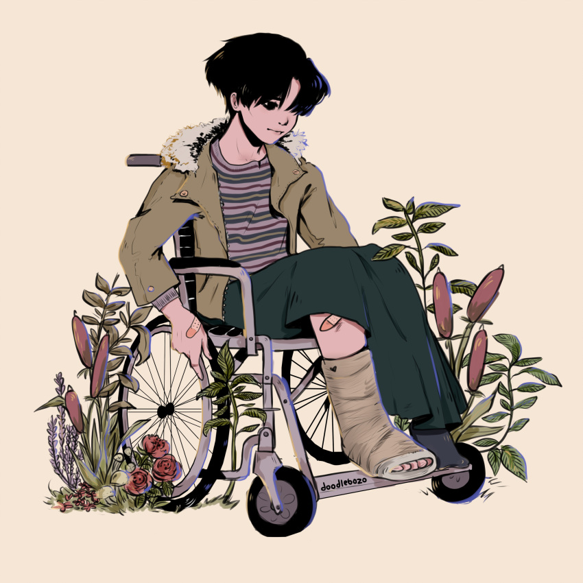 1boy, :|, absurdres, artist_name, bandaid_on_hand, bandaid_on_leg, black, cast