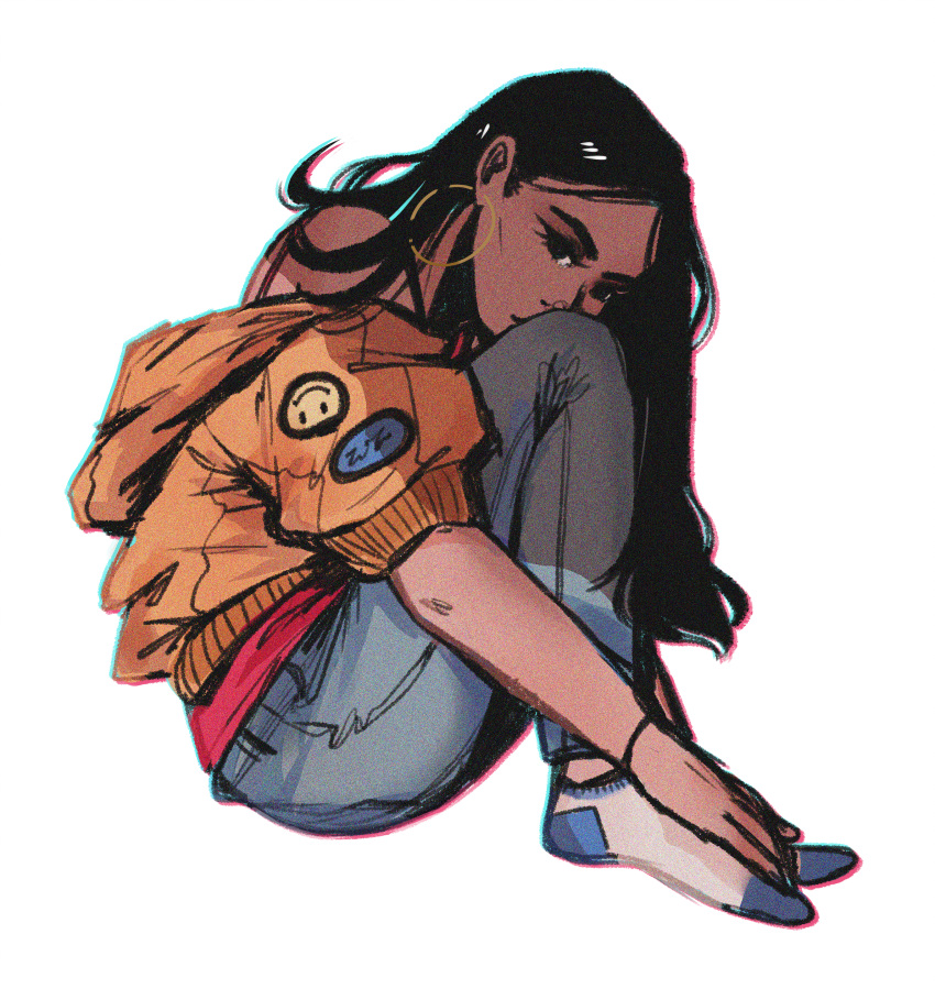 1girl, absurdres, black_hair, blue_legwear, blue_pants, chromatic_aberration, commentary, denim