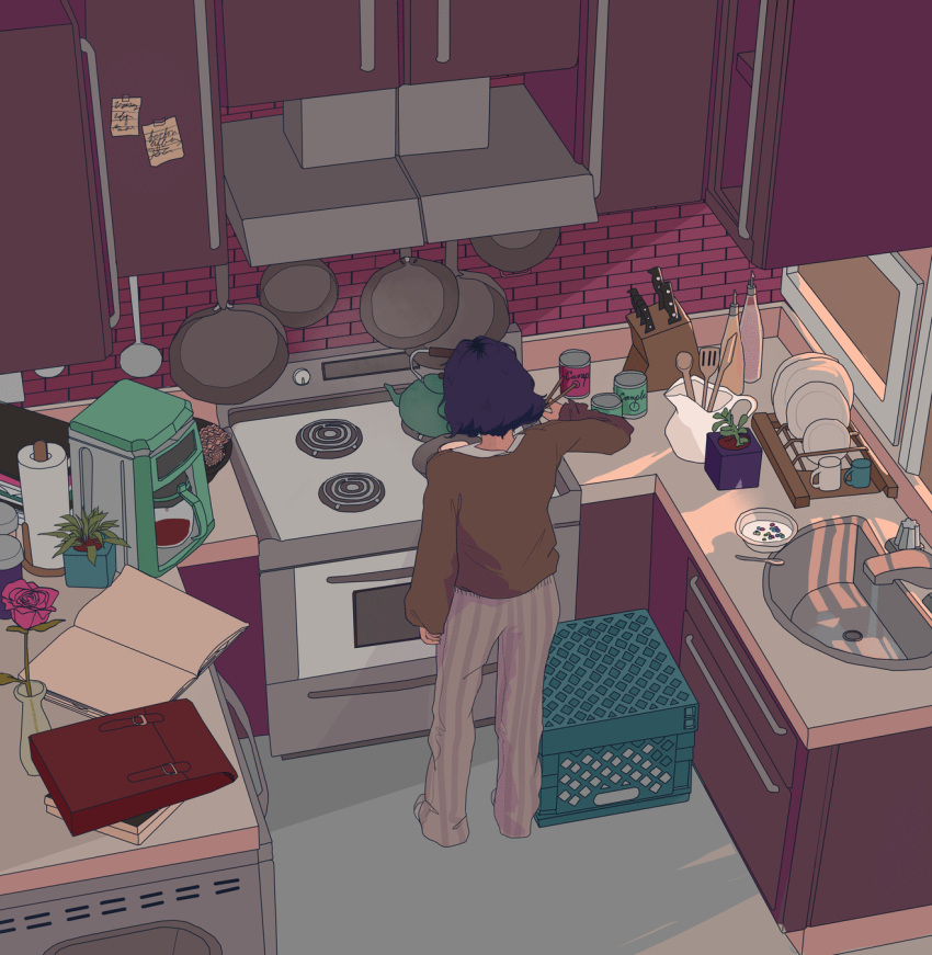 1girl, animated, animated_gif, book, brick_wall, brown_shirt, cabinet, can, canned_food, cereal, chopsticks, coffee_maker_(object), coffee_mug, commentary, cooking, counter, crate, cup, dishes, dishrack, doodlebozo, drawer, dripping, english_commentary, faucet, flower, food, from_above, from_behind, frying_pan, highres, indoors, jar, kettle, kitchen, kitchen_knife, knife_block, long_sleeves, mug, noodles, note, open_book, original, oven, pants, paper_towel, pink_flower, pink_rose, pitcher, plant, potted_plant, purple_hair, ramen, rose, shirt, short_hair, sink, solo, spatula, spoon, standing, steam, stove, striped, striped_pants, sunlight, vertical-striped_pants, vertical_stripes, water, window, window_shade, wok
