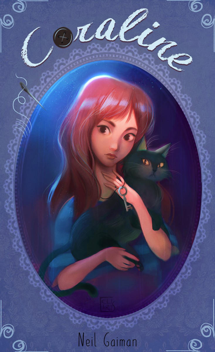 1girl, 2girls, artist_name, buttons, cat, celiarts, copyright_name, coraline