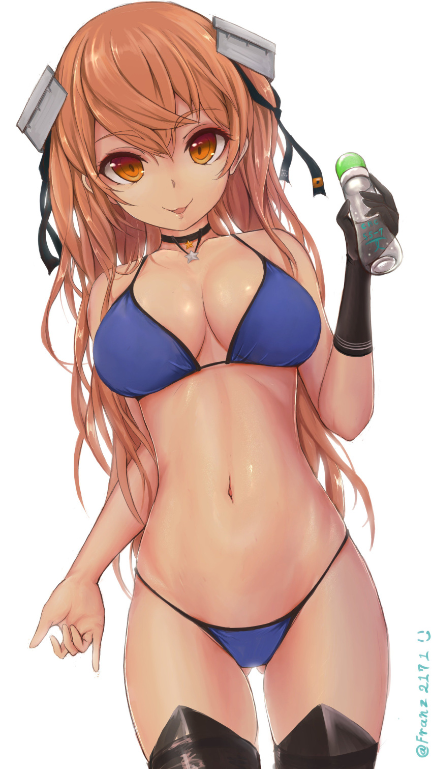 1girl, absurdres, bikini, black_legwear, bottle, breasts, brown_eyes, brown_hair