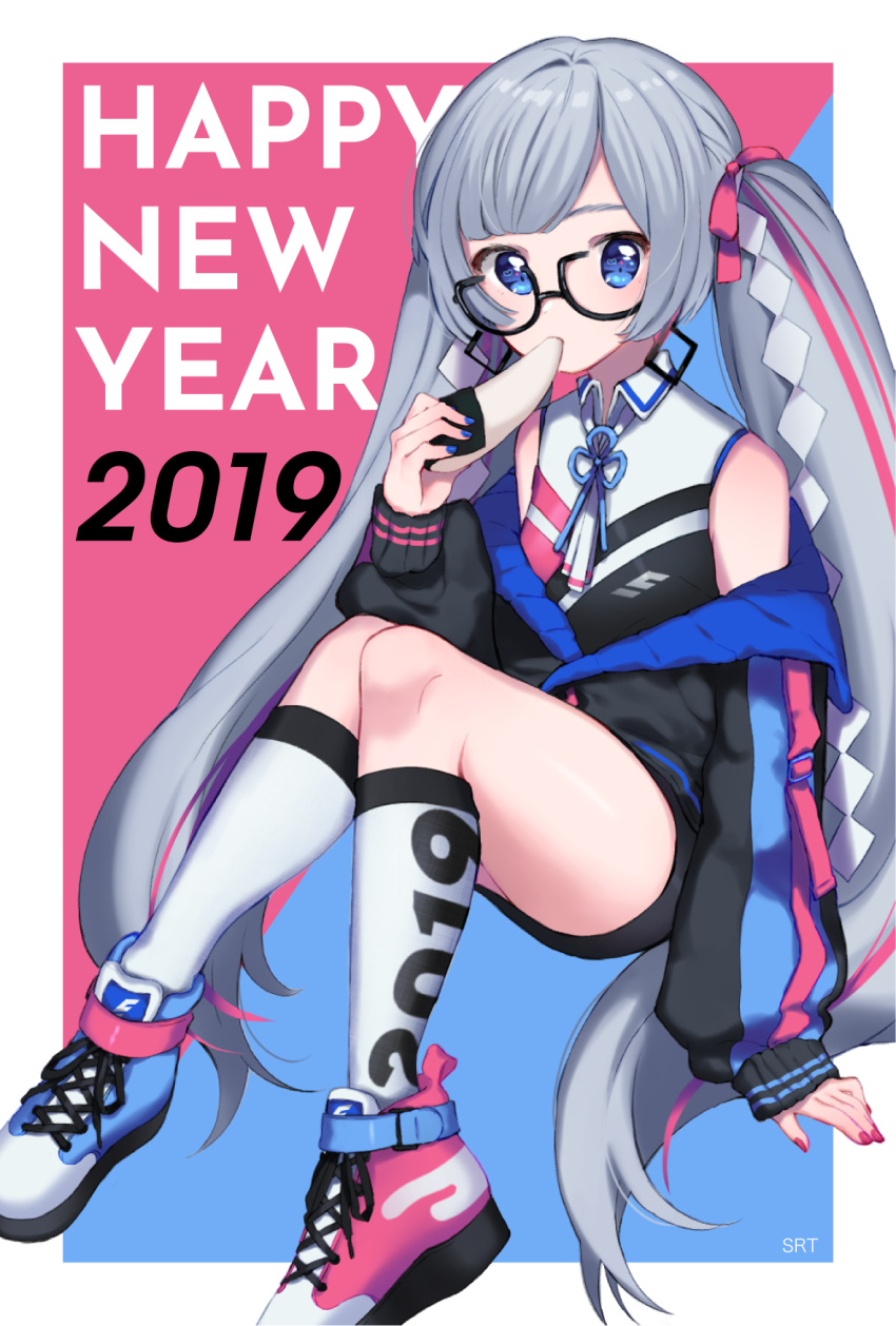 1girl, 2019, arm_support, bangs, bare_shoulders, black-framed_eyewear, black_jacket, black_skirt