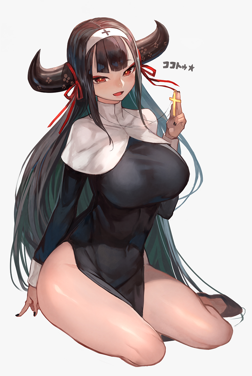 1girl, bangs, black_hair, black_nails, breasts, commentary_request, cow_horns, cross
