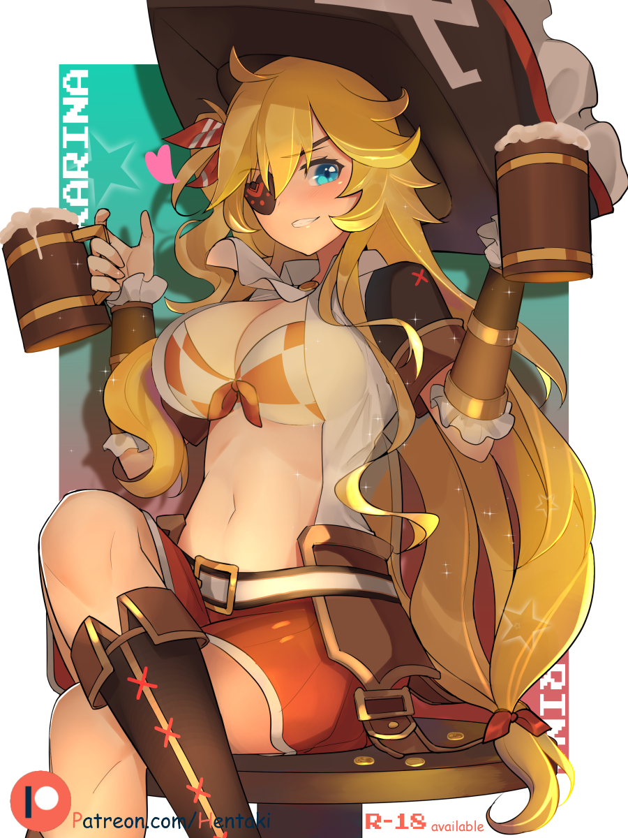 1girl, ahoge, ascot, beer_mug, bikini_top, blonde_hair, blue_eyes, blush