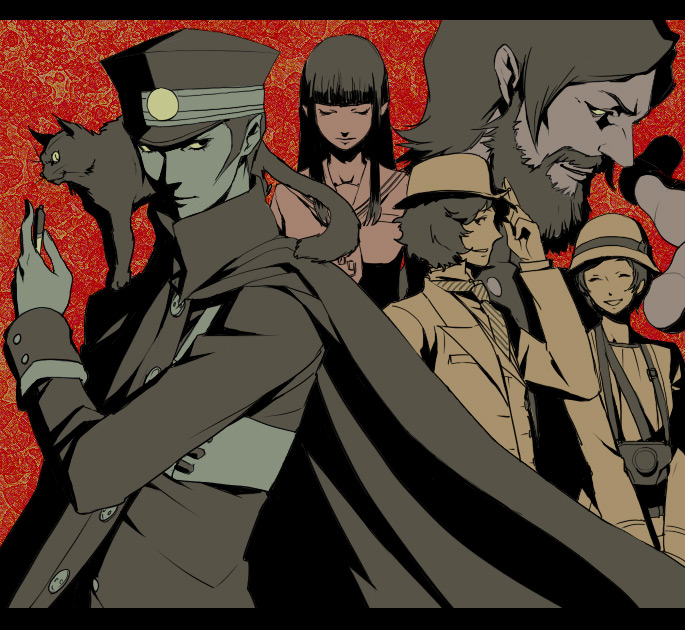 black_hair, camera, cape, cat, daidoji_kaya, devil_summoner, egawa_satsuki, formal, goto, gouto, hat, kuzunoha_raidou, narumi_shouhei, necktie, rasputin, rasputin_(devil_summoner), satsuki_(dorowa), school_uniform, shako_cap, short_hair
