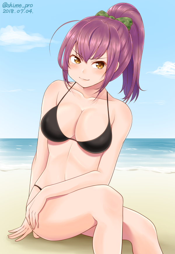 >:), 1girl, bangs, beach, bikini, black_bikini, blush, bow