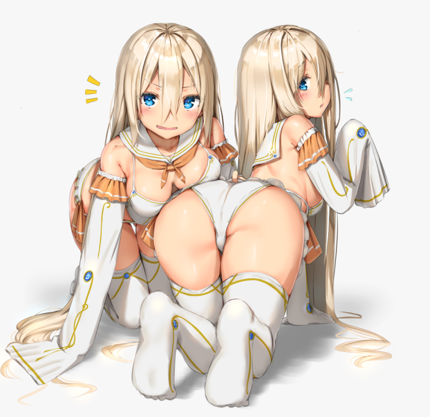 2girls, arm_support, ass, ass_visible_through_thighs, back, bangs, bare_shoulders, bikini_skirt