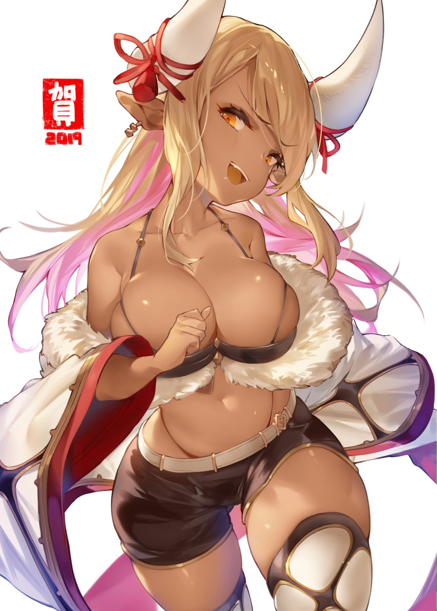 1girl, 2019, bare_shoulders, belt, black_shorts, blonde_hair, breasts, cleavage