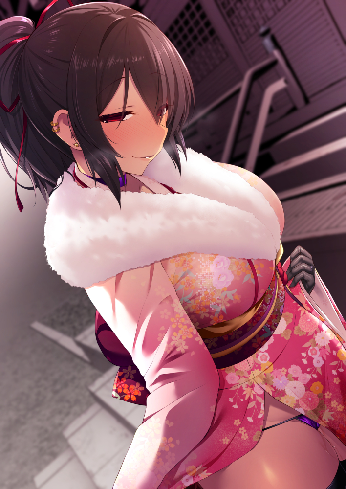 1girl, bangs, black_gloves, black_legwear, blurry, blurry_background, body_writing, brown_hair, choker, clothes_lift, earrings, eyes_visible_through_hair, floral_print, fur_collar, glint, gloves, grin, hair_between_eyes, hair_ribbon, half-closed_eyes, head_tilt, japanese_clothes, jewelry, kimono, kimono_lift, lifted_by_self, long_hair, long_sleeves, lowleg, lowleg_panties, multiple_earrings, naughty_face, obi, original, outdoors, panties, parted_lips, pink_kimono, ponytail, purple_panties, red_eyes, red_ribbon, ribbon, sash, satou_kuuki, sidelocks, sleeves_past_wrists, smile, solo, string_panties, stud_earrings, sunset, thigh-highs, underwear, wide_sleeves