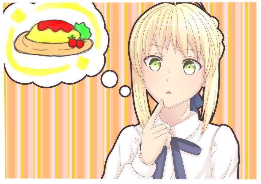1girl, ahoge, artoria_pendragon_(all), blonde_hair, blue_ribbon, emiya-san_chi_no_kyou_no_gohan, fate/hollow_ataraxia, fate/stay_night