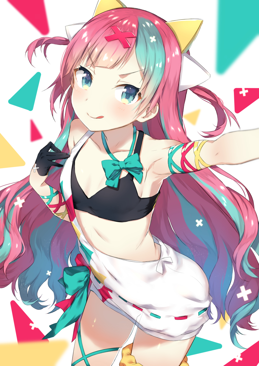 1girl, :q, animal_ears, arm_up, armpits, asymmetrical_clothes, bare_shoulders, black_bra