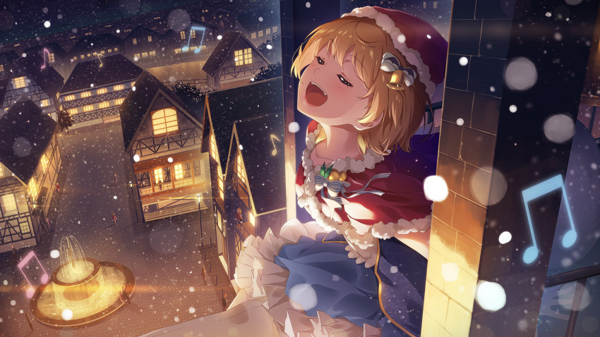 1girl, bangs, bat_hair_ornament, beamed_eighth_notes, bell, blonde_hair, blue_skirt, bow