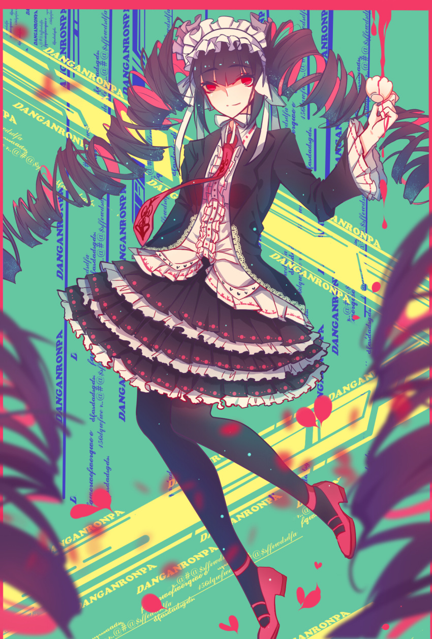 #, 1girl, @, black_hair, black_jacket, black_legwear, black_skirt, blood