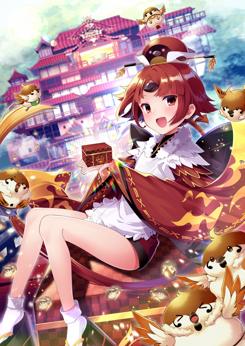 >_<, 1girl, acorn, apron, architecture, benienma_(fate/grand_order), bird, box