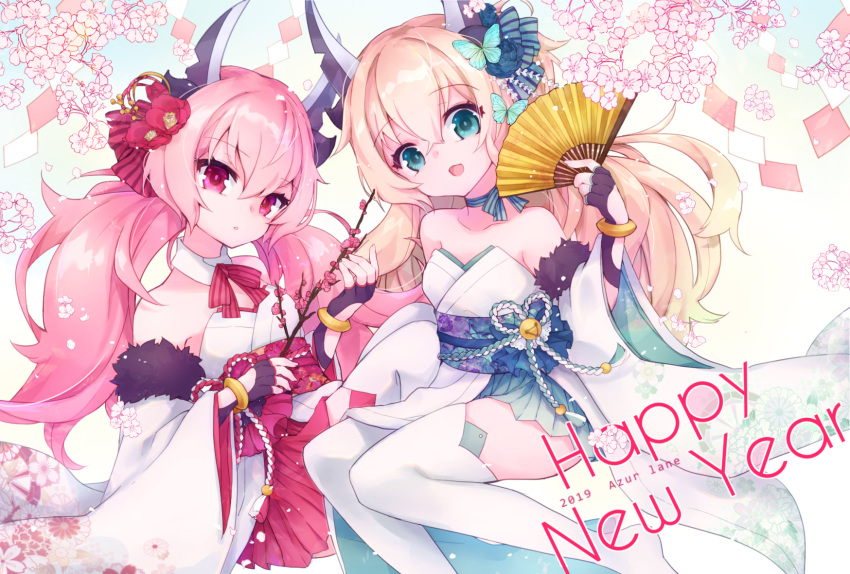 2girls, :d, azur_lane, bangs, blue_flower, blue_rose, brown_gloves, butterfly_hair_ornament