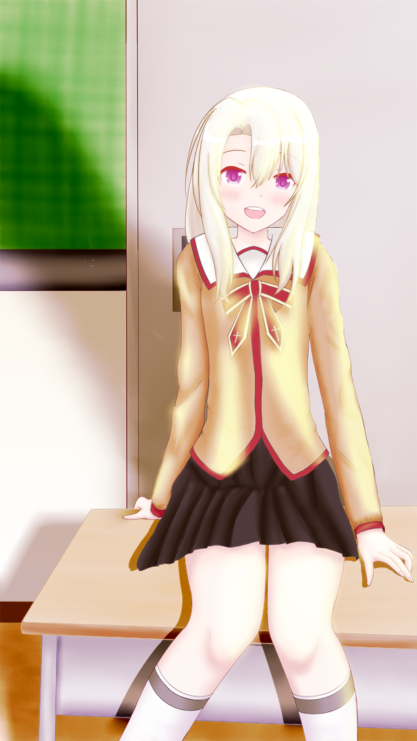 1girl, atsuko_tsen, classroom, dress_shirt, fate/kaleid_liner_prisma_illya, fate_(series), illyasviel_von_einzbern, long_hair