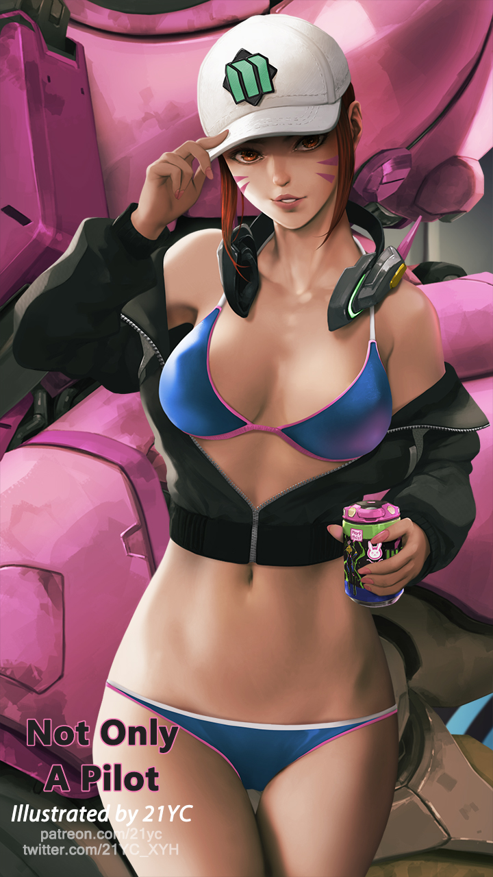 1girl, 21yc_(september_breeze), baseball_cap, bikini, blue_bikini, breasts, brown_eyes, brown_hair, d.va_(overwatch), facepaint, facial_mark, hand_on_headwear, hat, headphones, headphones_around_neck, highres, looking_at_viewer, medium_breasts, nail_polish, navel, overwatch, patreon_username, solo, swimsuit, twitter_username, whisker_markings