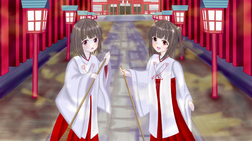 2girls, atsuko_tsen, broom, highres, japanese_clothes, miko, multiple_girls, original