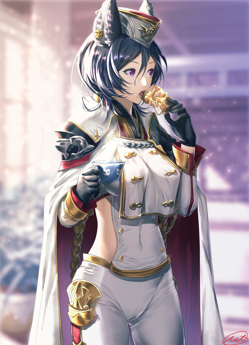 1girl, animal_ears, bangs, black_gloves, black_hair, breasts, commentary_request, cup, double-breasted, eating, erune, food, food_on_face, gloves, granblue_fantasy, hair_between_eyes, hat, highres, holding, holding_cup, ilsa_(granblue_fantasy), indoors, jacket_on_shoulders, large_breasts, matsuki_tou, military, military_hat, military_jacket, military_uniform, open_mouth, pants, short_hair, shoulder_armor, slice_of_pie, solo, uniform, violet_eyes, white_pants, window