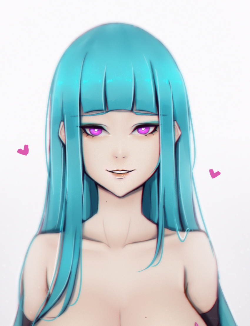 1girl, bangs, bare_shoulders, black_gloves, blue_hair, blunt_bangs, copyright_name, elbow_gloves