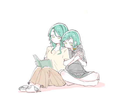 2girls, bang_dream!, barefoot, black_hoodie, book, book_on_lap, bowwow_(hamju94), brown_pants
