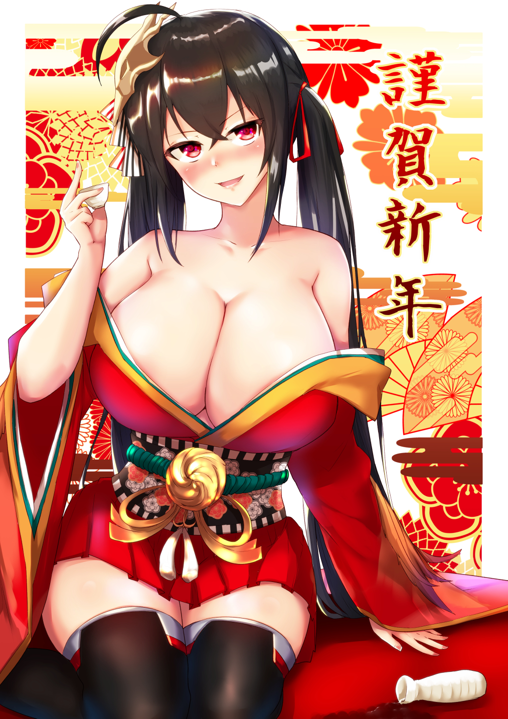 ahoge, alcohol, azur_lane, bangs, bare_shoulders, black_hair, blush, breasts