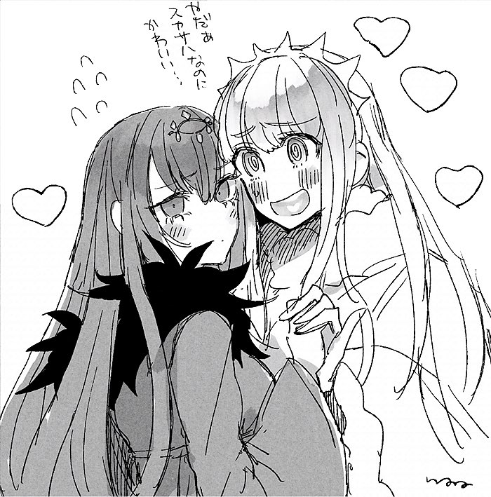 2girls, @_@, bangs, commentary, eyebrows_visible_through_hair, fate/grand_order, fate_(series), flying_sweatdrops