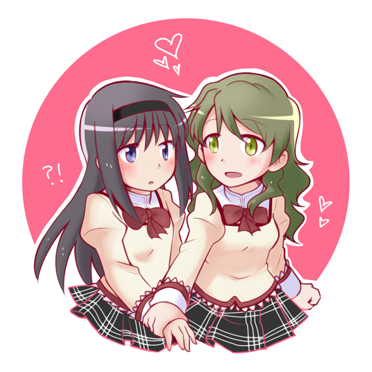 !?, 2girls, akemi_homura, ange_(angeban93), bangs, black_hair, black_hairband, blush