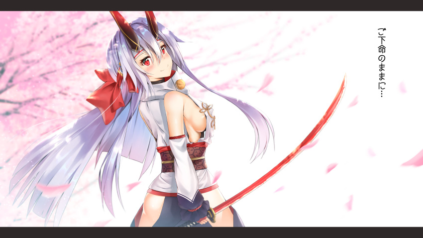 1girl, absurdres, armor, blue_hakama, blush, breasts, cherry_blossoms, commentary_request