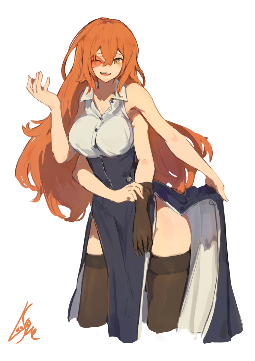 1girl, :d, bare_shoulders, blue_skirt, breasts, brown_gloves, brown_legwear, collared_shirt