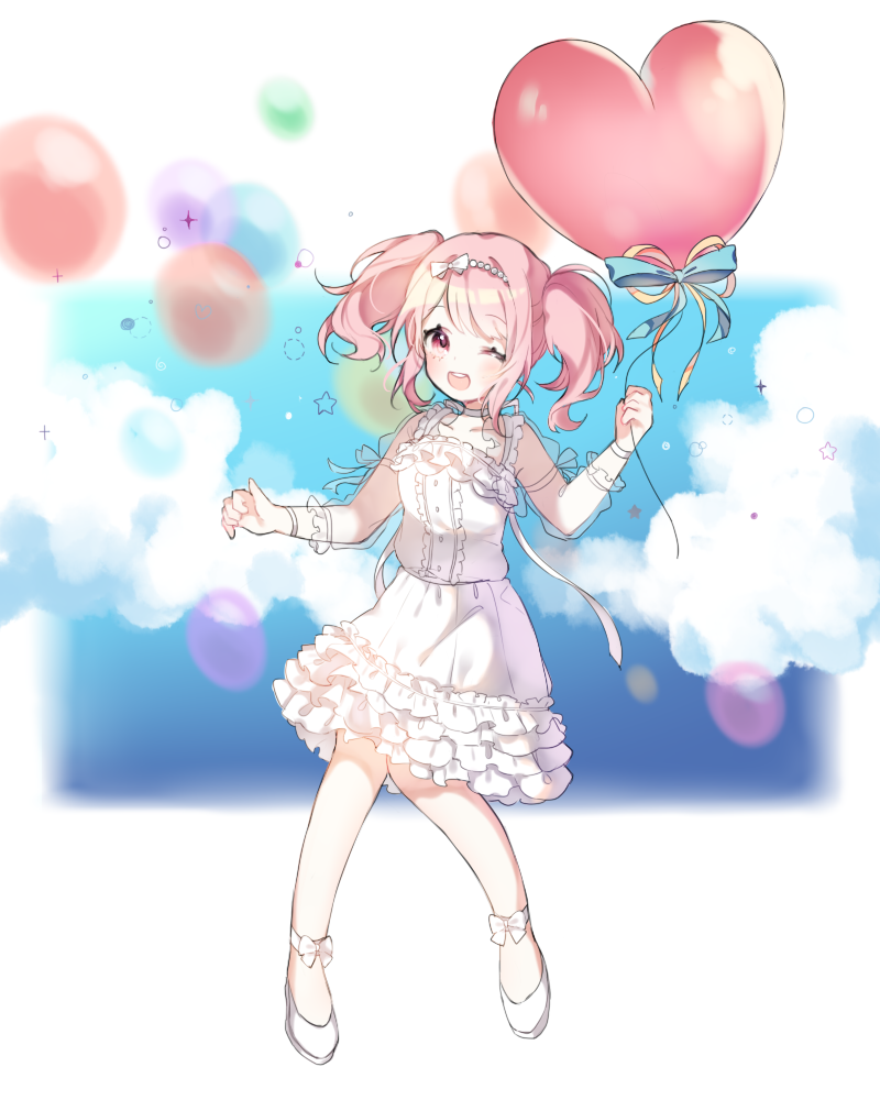 1girl, 417_(ionxx417), ;d, ankle_bow, ankle_ribbon, ankle_strap, balloon, bang_dream!