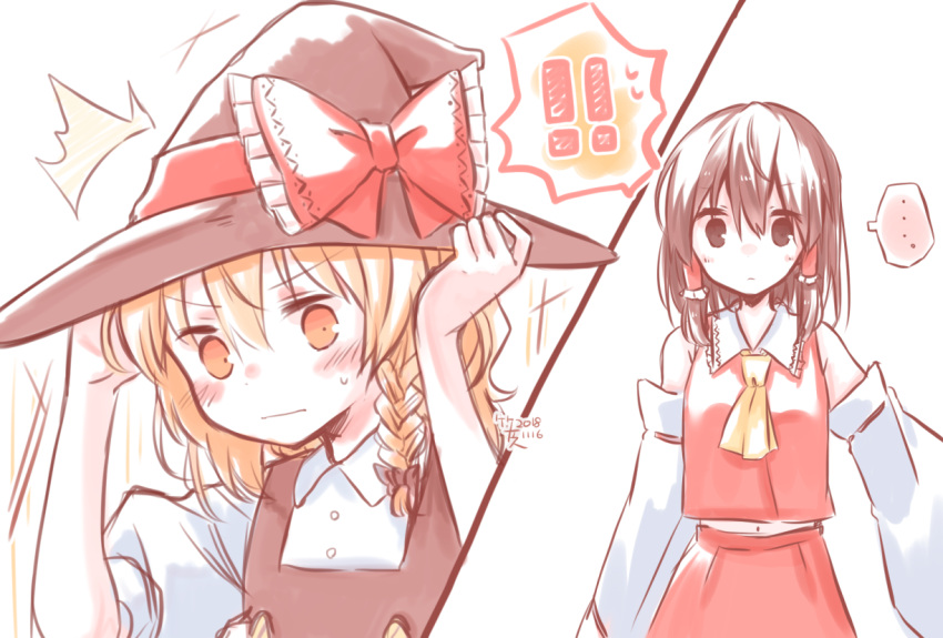 !!, ..., 2girls, arms_up, ascot, black_hat, black_vest, blonde_hair