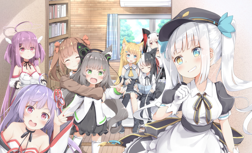 6+girls, :3, :d, :o, ^_^, ahoge, air_conditioner, animal_ear_fluff