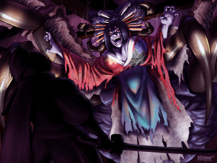 1boy, 1girl, arachne, bangs, black_hair, black_nails, black_sclera, breasts