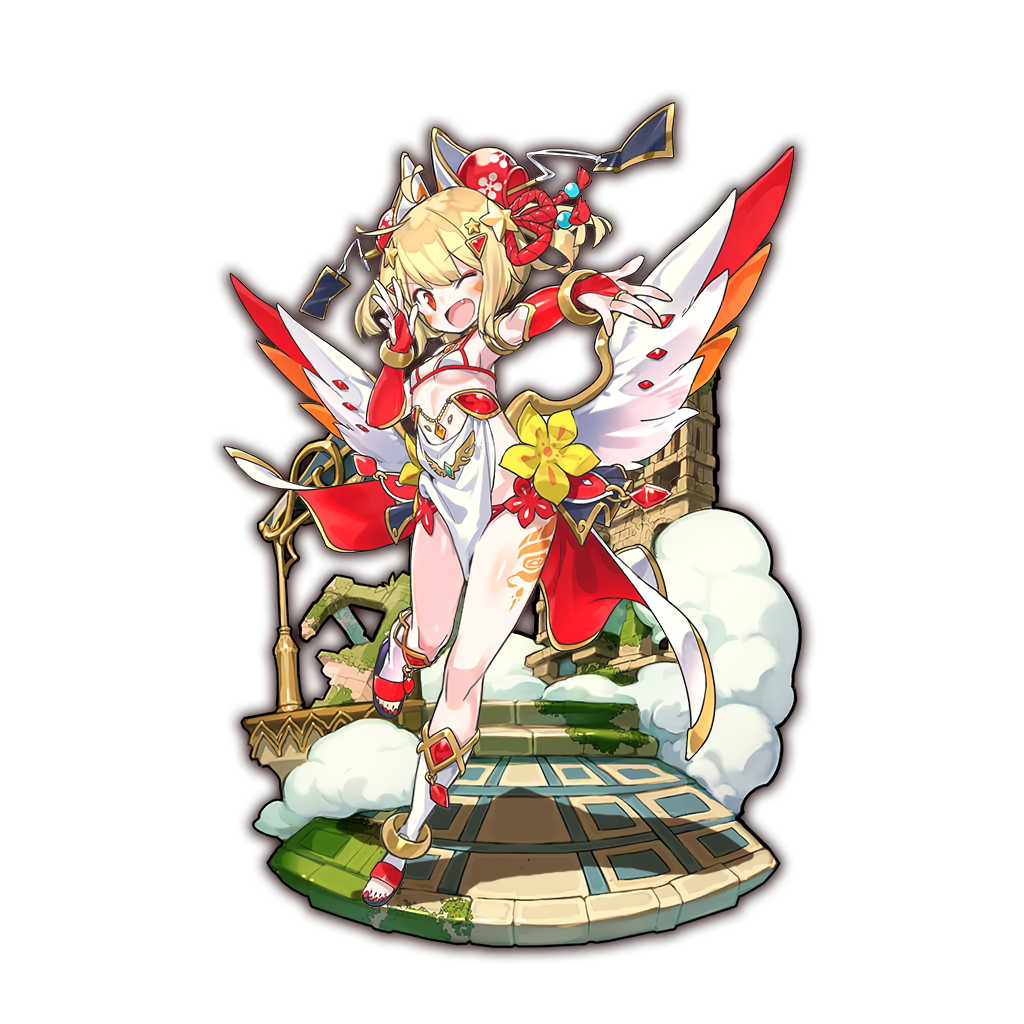 1girl, bikini_top, blonde_hair, bridal_gauntlets, fang, hair_ornament, last_period, low_wings