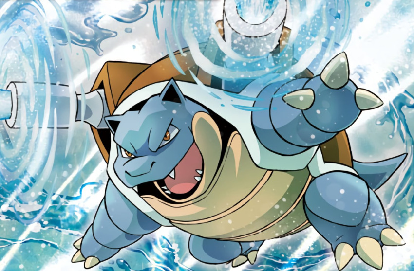 ariga_hitoshi, blastoise, blue_skin, brown_eyes, cannon, creatures_(company), fangs, game_freak, gen_1_pokemon, nintendo, official_art, open_mouth, pokemon, pokemon_trading_card_game, turtle