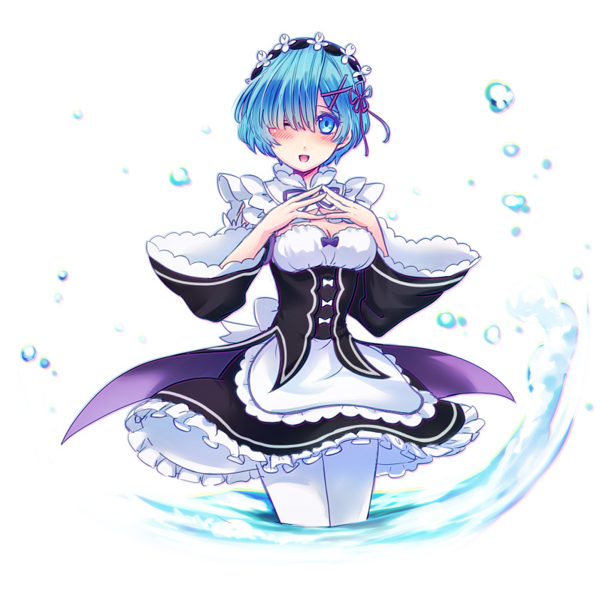 1girl, ;d, apron, bangs, blue_eyes, blue_hair, blush, bow