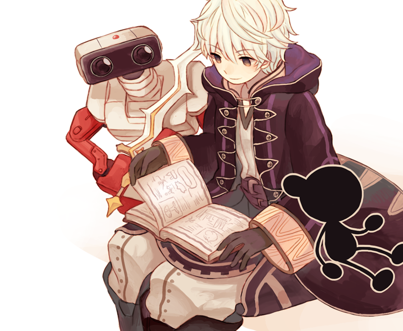 1boy, 2others, bangs, black_gloves, book, brown_eyes, cameo, closed_mouth